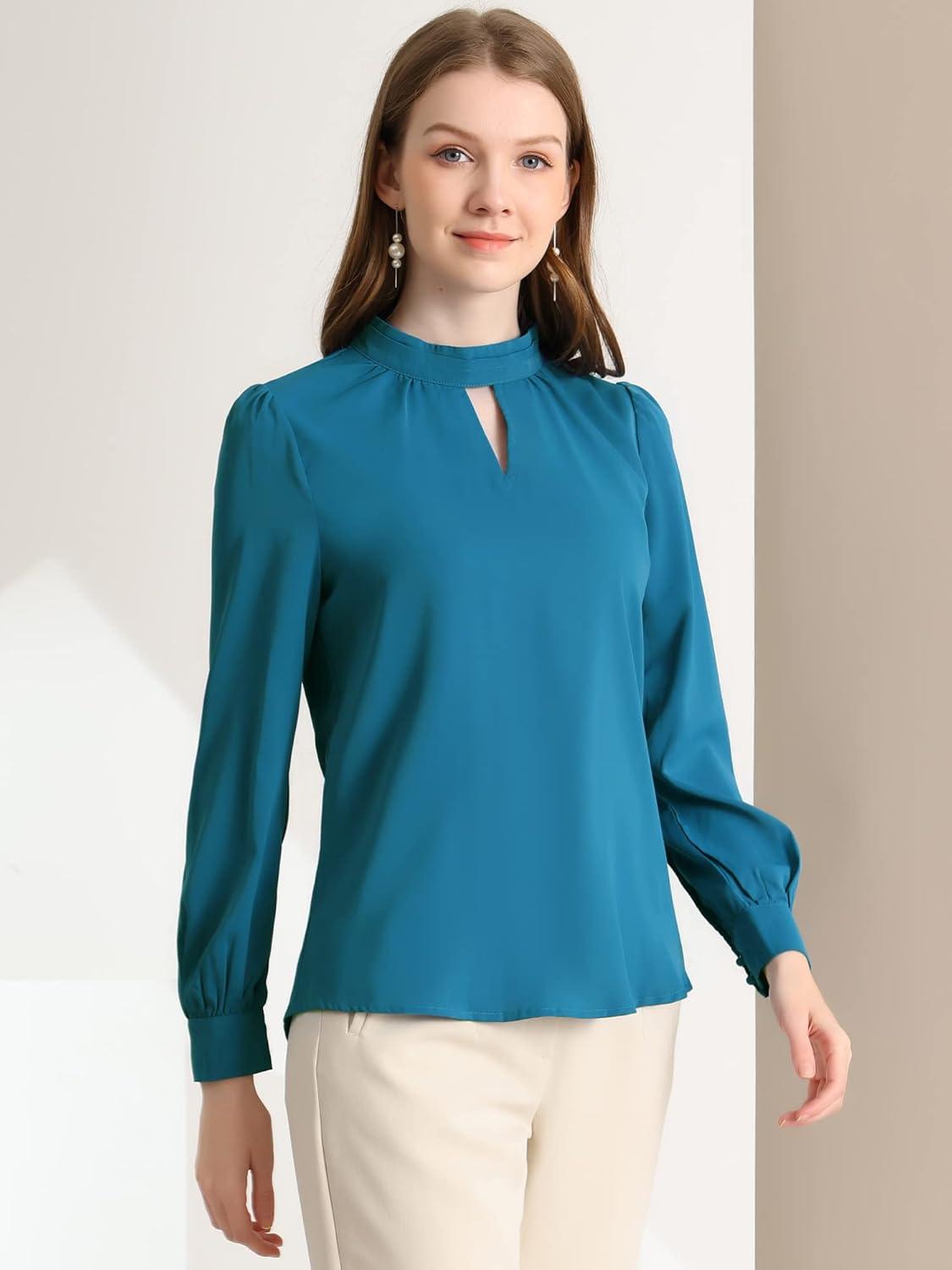 imageAllegra K Womens Work Tops Dressy Casual Shirts Mock Neck Keyhole Business Casual Long Sleeve BlousePeacock Blue