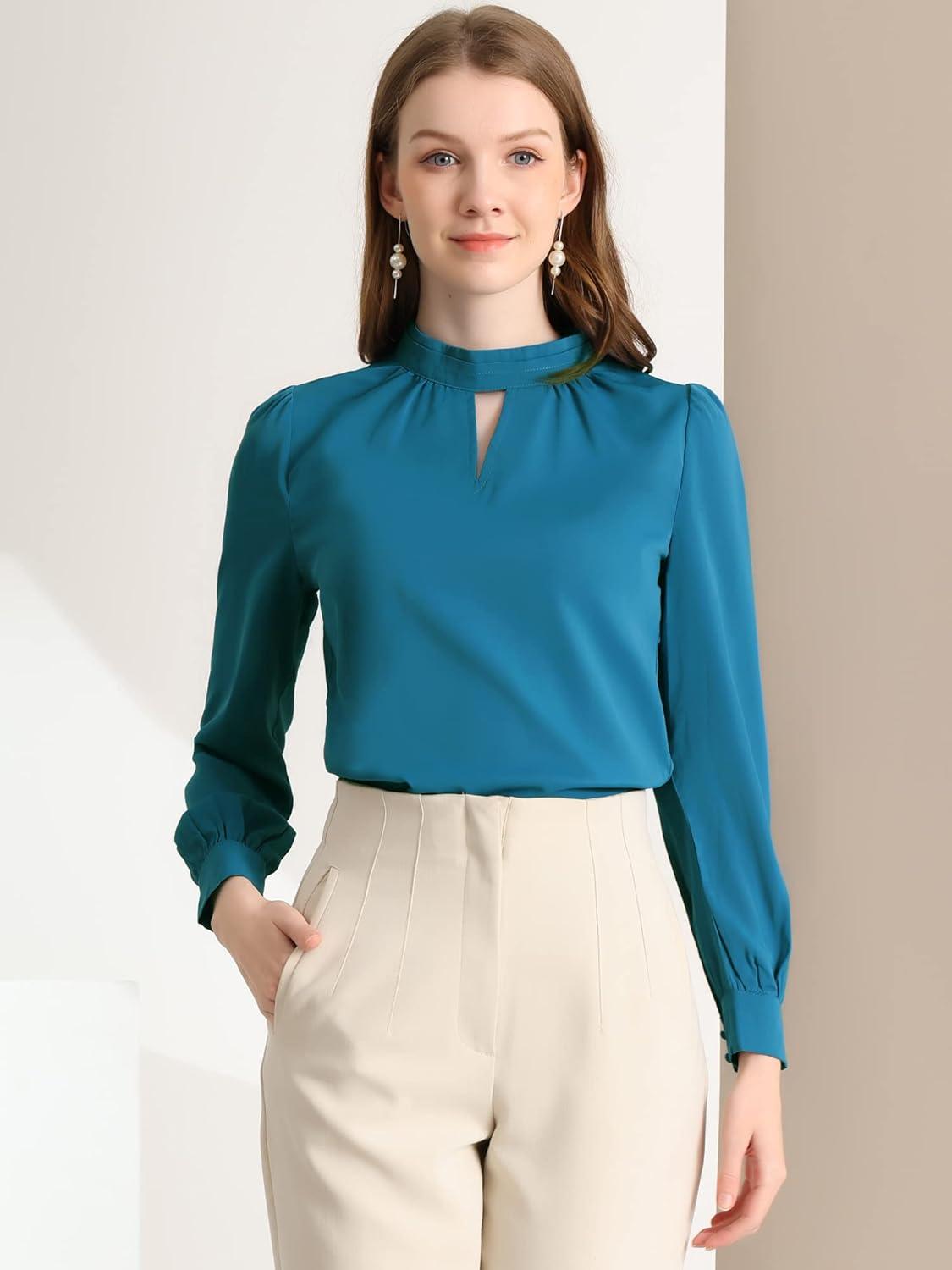 imageAllegra K Womens Work Tops Dressy Casual Shirts Mock Neck Keyhole Business Casual Long Sleeve BlousePeacock Blue