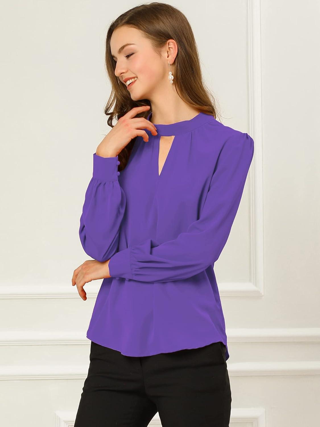 imageAllegra K Womens Work Tops Dressy Casual Shirts Mock Neck Keyhole Business Casual Long Sleeve BlousePurple
