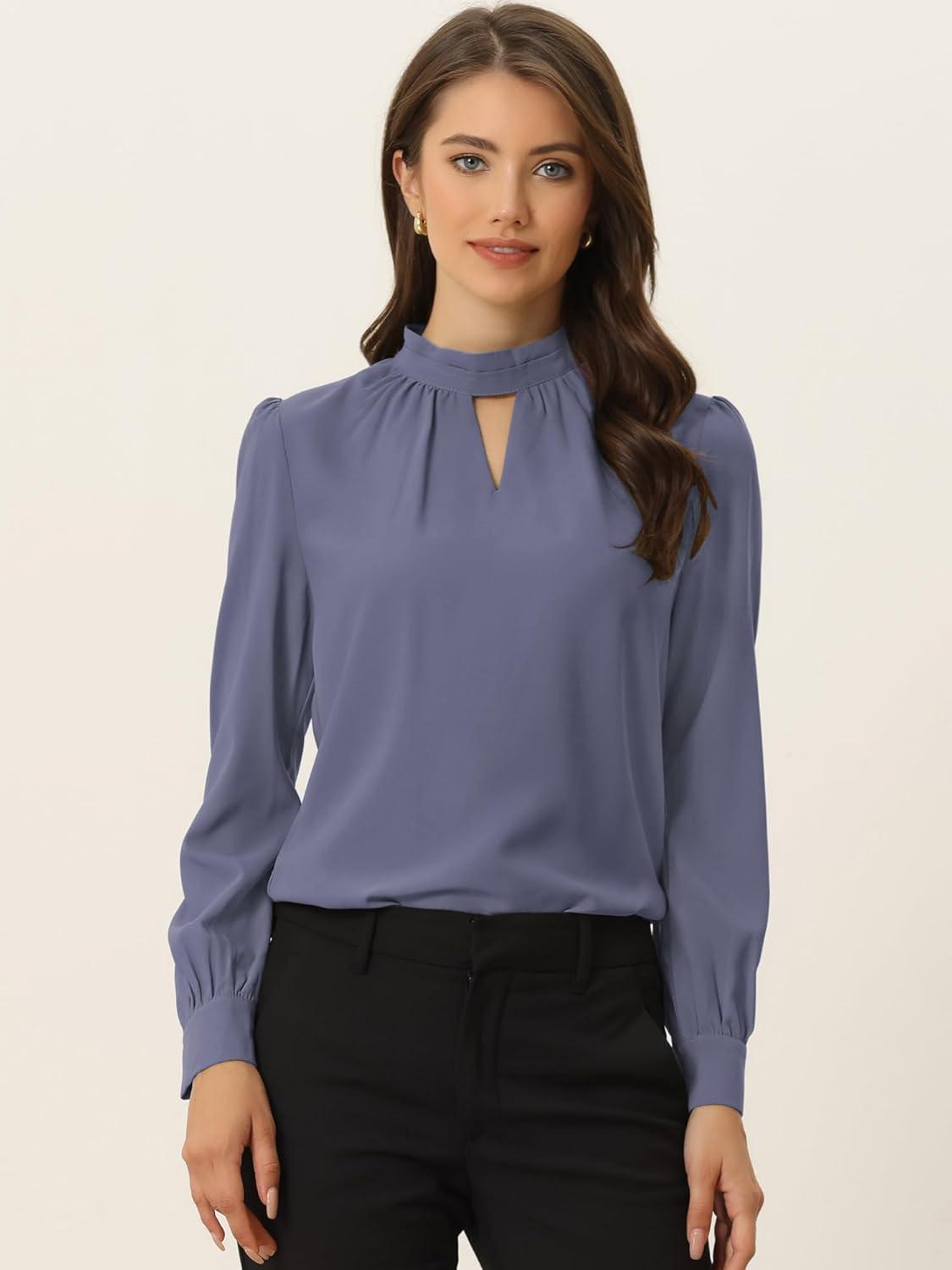 imageAllegra K Womens Work Tops Dressy Casual Shirts Mock Neck Keyhole Business Casual Long Sleeve BlousePurplegrey