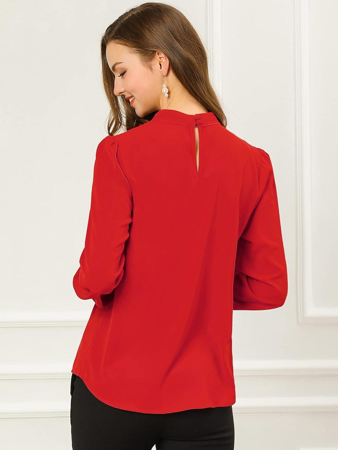 imageAllegra K Womens Work Tops Dressy Casual Shirts Mock Neck Keyhole Business Casual Long Sleeve BlouseRed