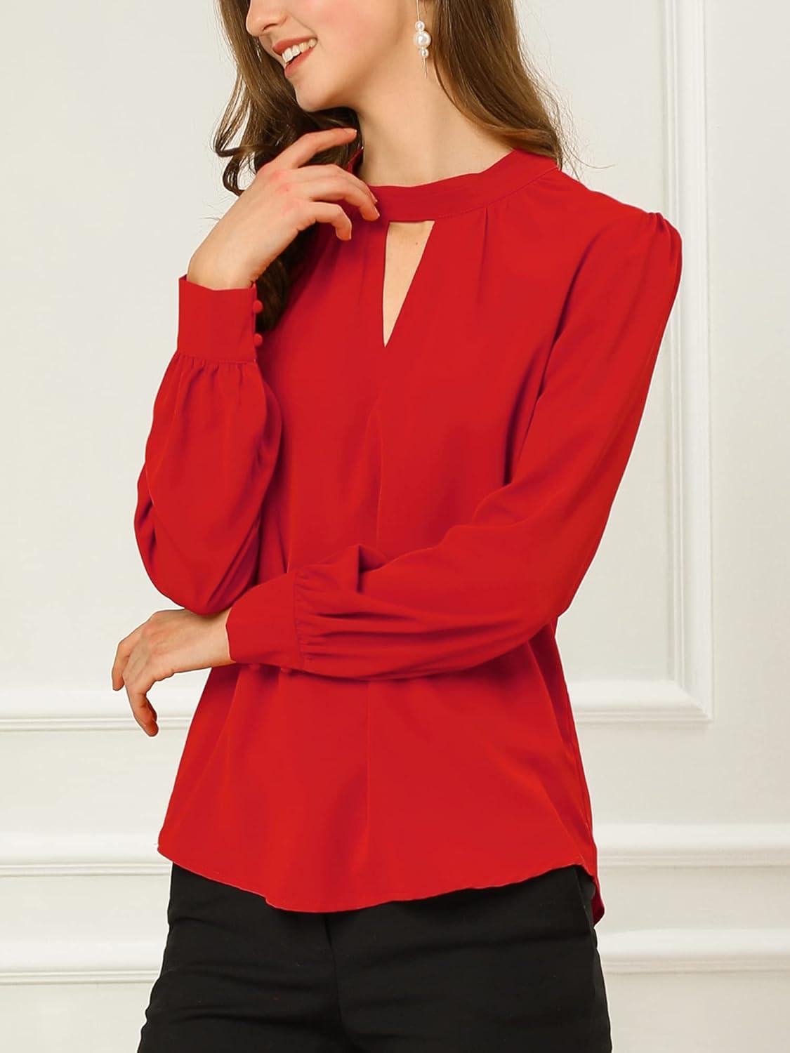 imageAllegra K Womens Work Tops Dressy Casual Shirts Mock Neck Keyhole Business Casual Long Sleeve BlouseRed