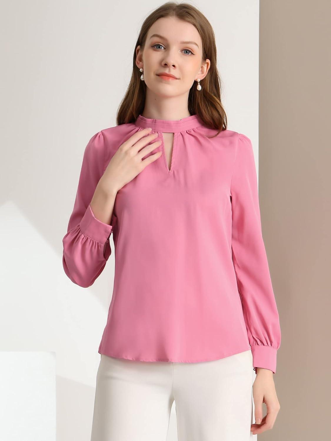 imageAllegra K Womens Work Tops Dressy Casual Shirts Mock Neck Keyhole Business Casual Long Sleeve BlouseRose Pink