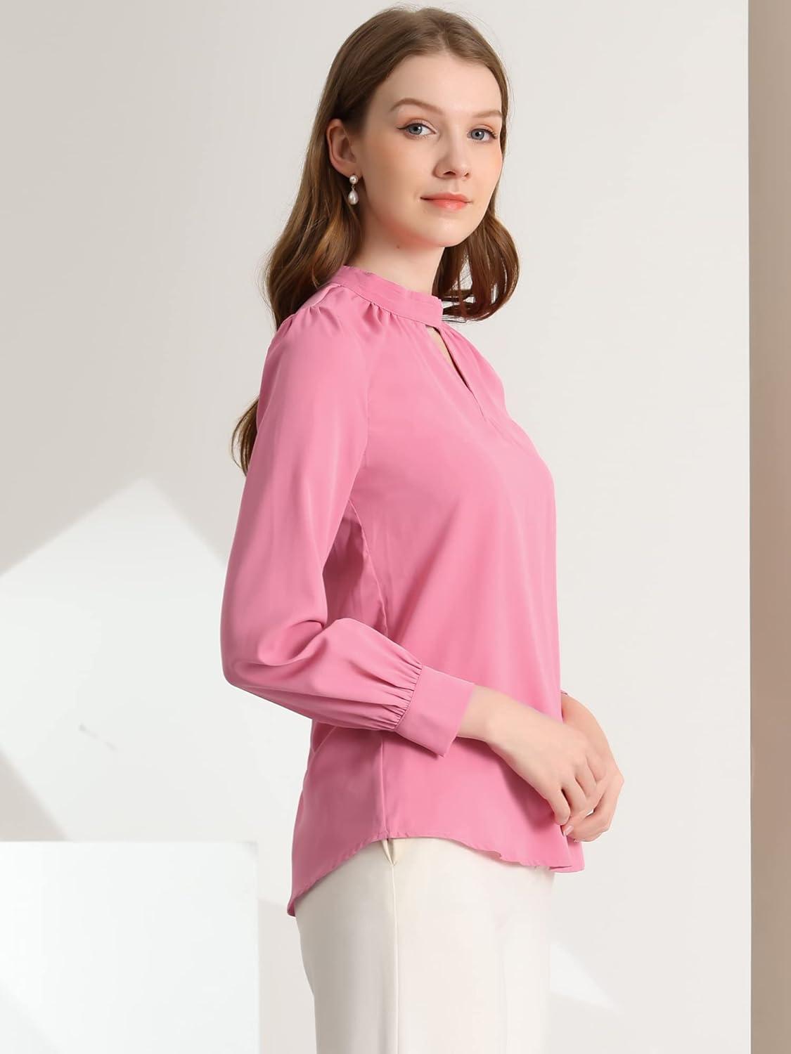 imageAllegra K Womens Work Tops Dressy Casual Shirts Mock Neck Keyhole Business Casual Long Sleeve BlouseRose Pink