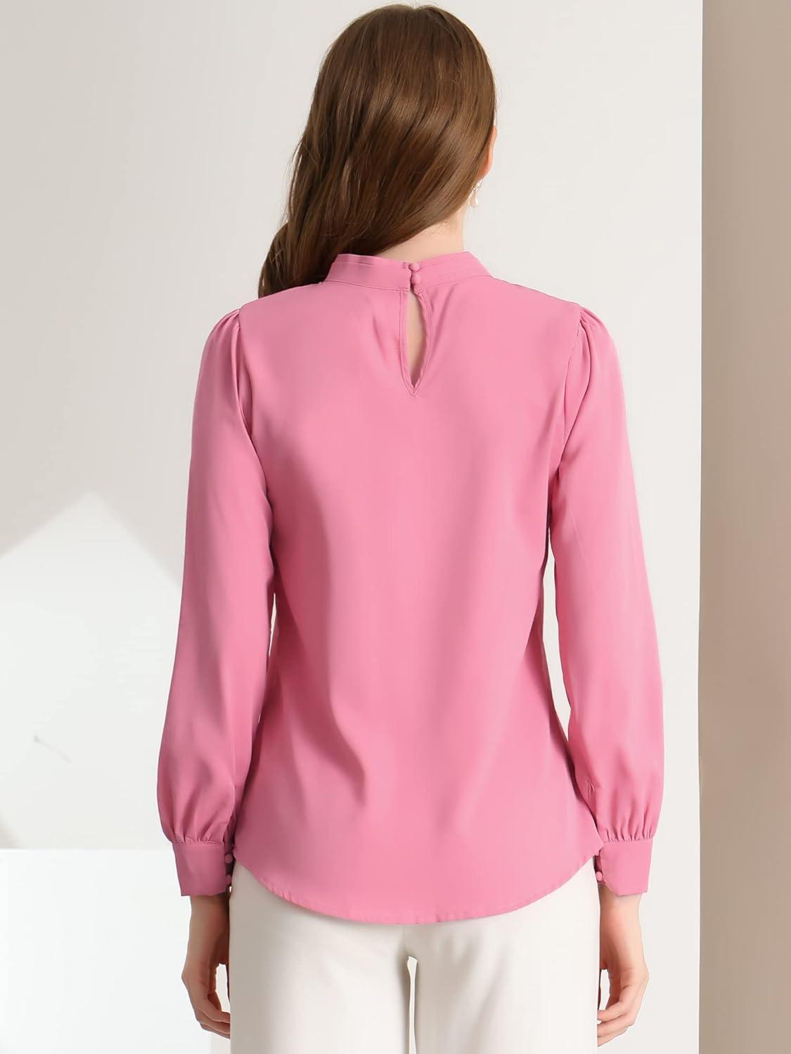 imageAllegra K Womens Work Tops Dressy Casual Shirts Mock Neck Keyhole Business Casual Long Sleeve BlouseRose Pink