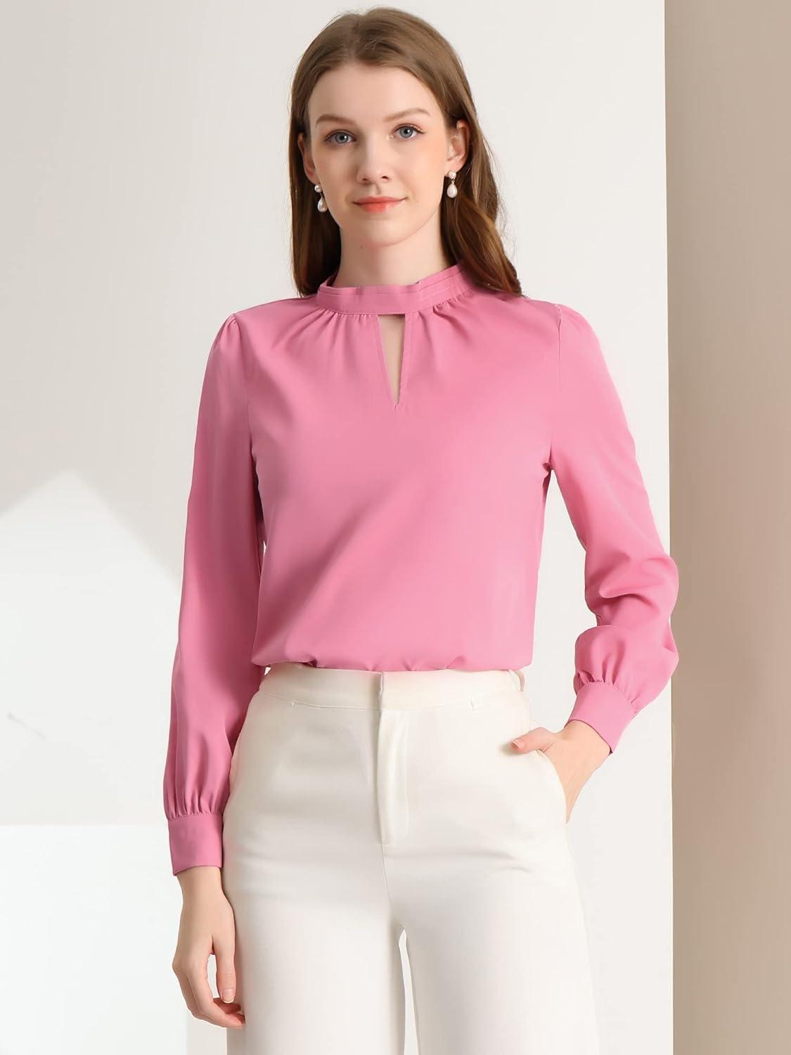 imageAllegra K Womens Work Tops Dressy Casual Shirts Mock Neck Keyhole Business Casual Long Sleeve BlouseRose Pink