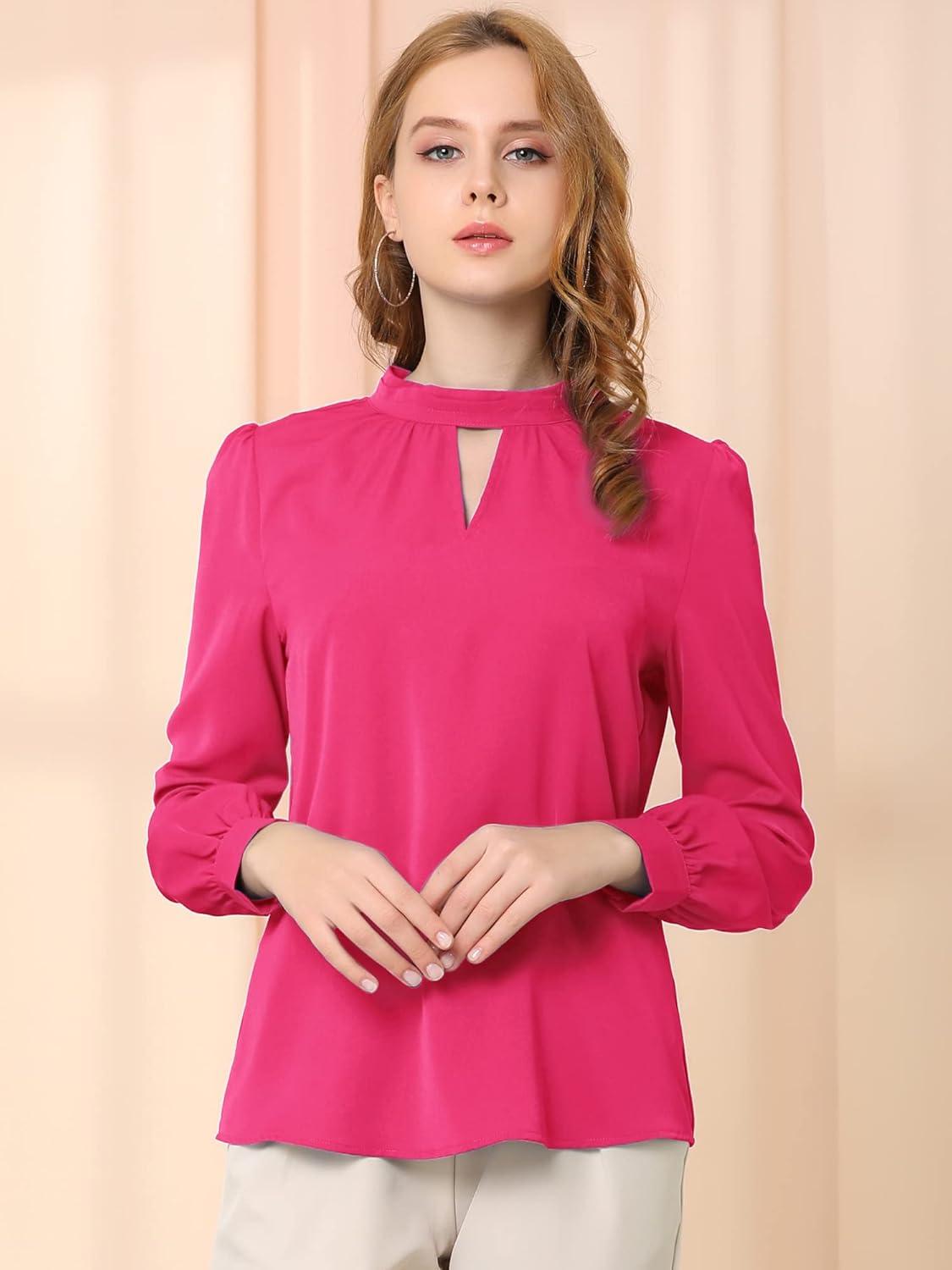imageAllegra K Womens Work Tops Dressy Casual Shirts Mock Neck Keyhole Business Casual Long Sleeve BlouseRose Red