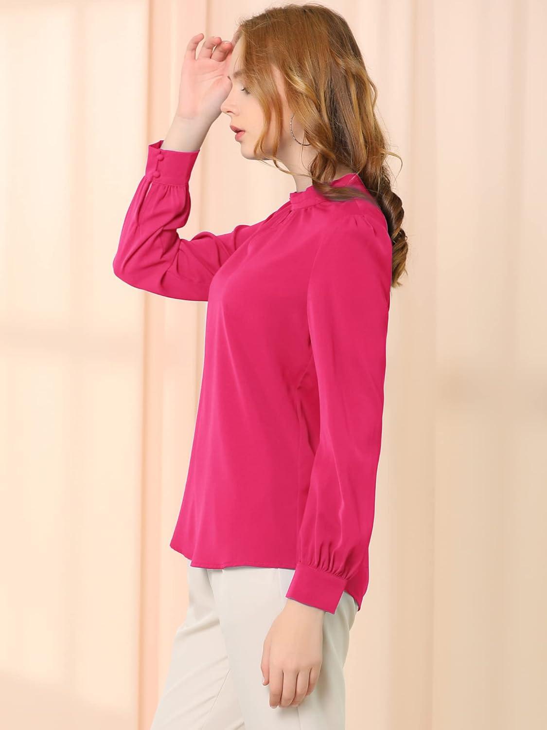 imageAllegra K Womens Work Tops Dressy Casual Shirts Mock Neck Keyhole Business Casual Long Sleeve BlouseRose Red