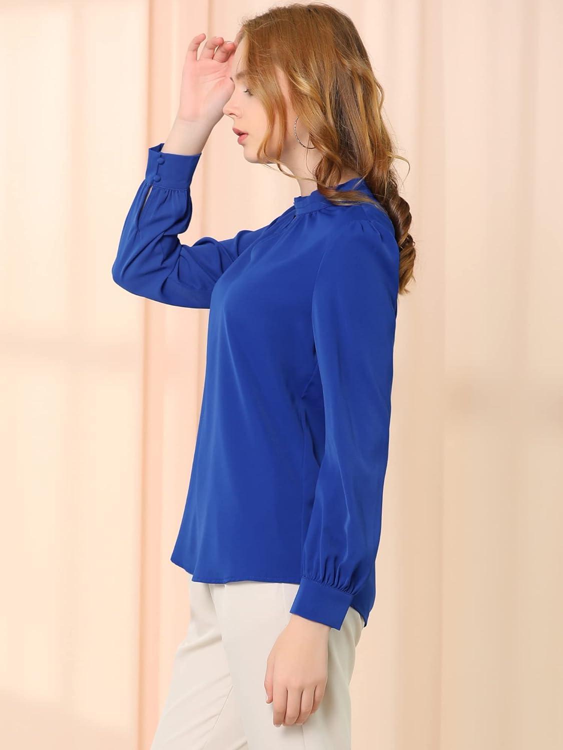 imageAllegra K Womens Work Tops Dressy Casual Shirts Mock Neck Keyhole Business Casual Long Sleeve BlouseRoyal Blue