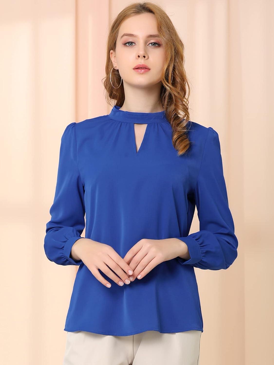 imageAllegra K Womens Work Tops Dressy Casual Shirts Mock Neck Keyhole Business Casual Long Sleeve BlouseRoyal Blue