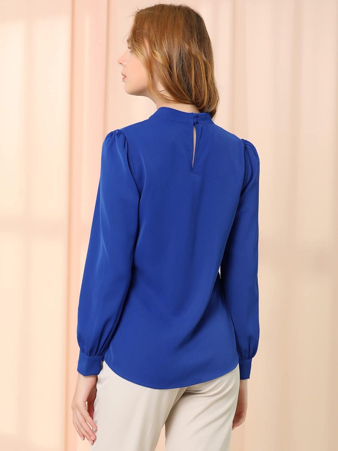 imageAllegra K Womens Work Tops Dressy Casual Shirts Mock Neck Keyhole Business Casual Long Sleeve BlouseRoyal Blue