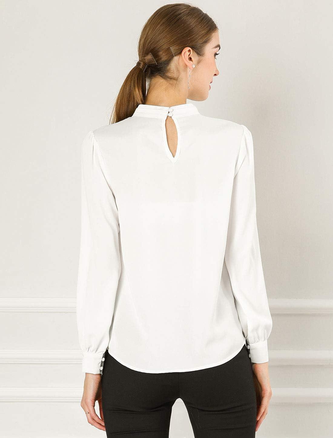 imageAllegra K Womens Work Tops Dressy Casual Shirts Mock Neck Keyhole Business Casual Long Sleeve BlouseWhite