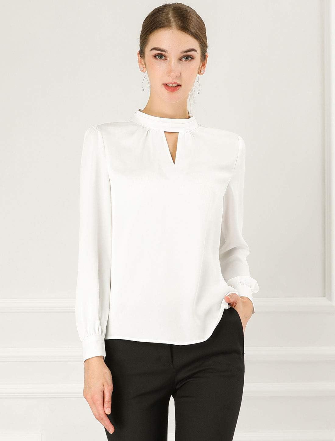 imageAllegra K Womens Work Tops Dressy Casual Shirts Mock Neck Keyhole Business Casual Long Sleeve BlouseWhite