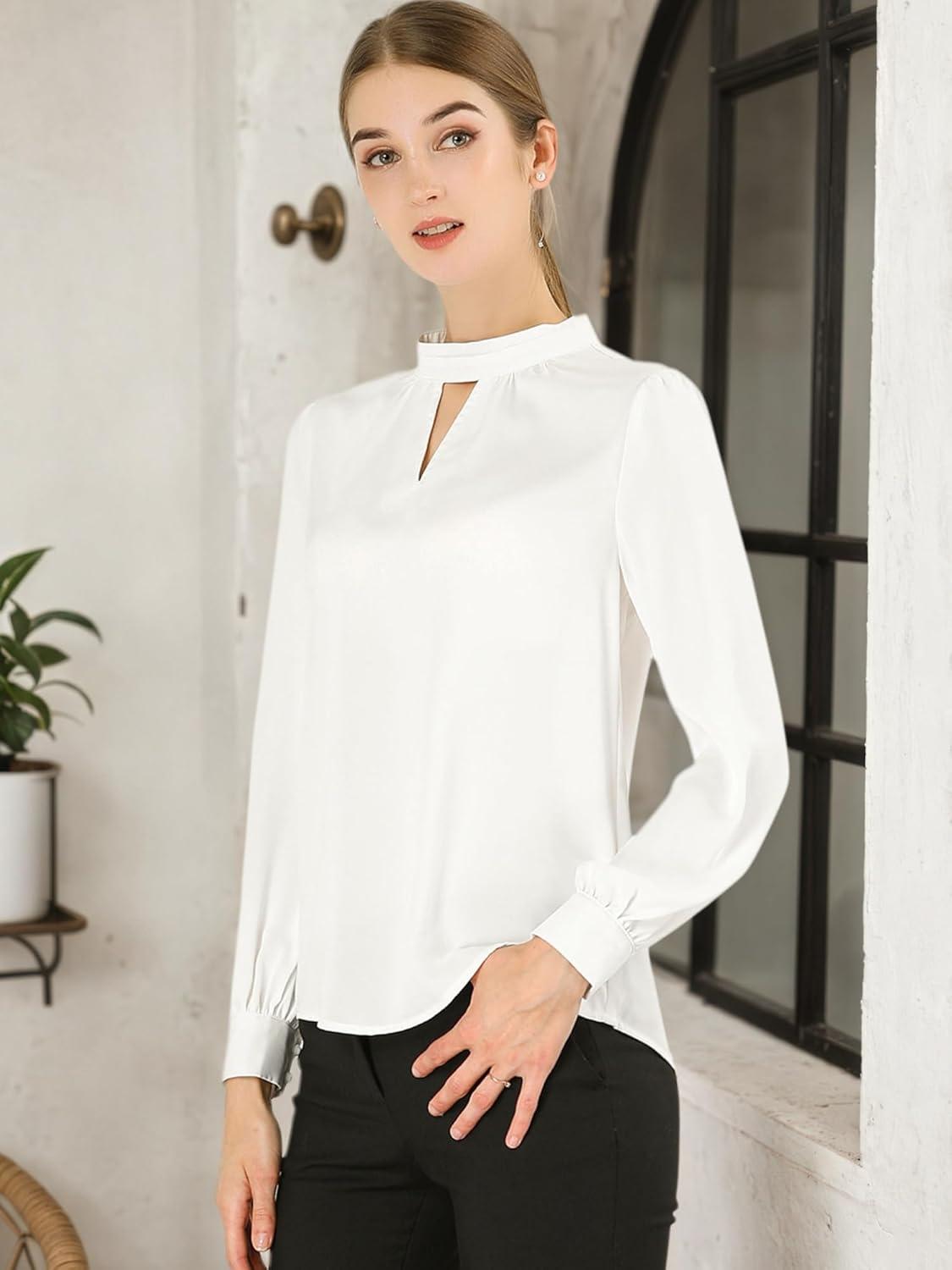 imageAllegra K Womens Work Tops Dressy Casual Shirts Mock Neck Keyhole Business Casual Long Sleeve BlouseWhite