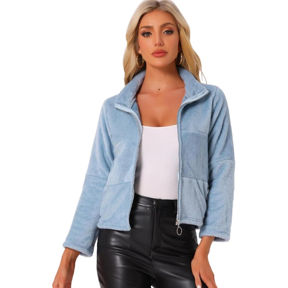 imageAllegra K Cropped Fleece Jacket for Womens Zip Up Faux Fur JacketBlue
