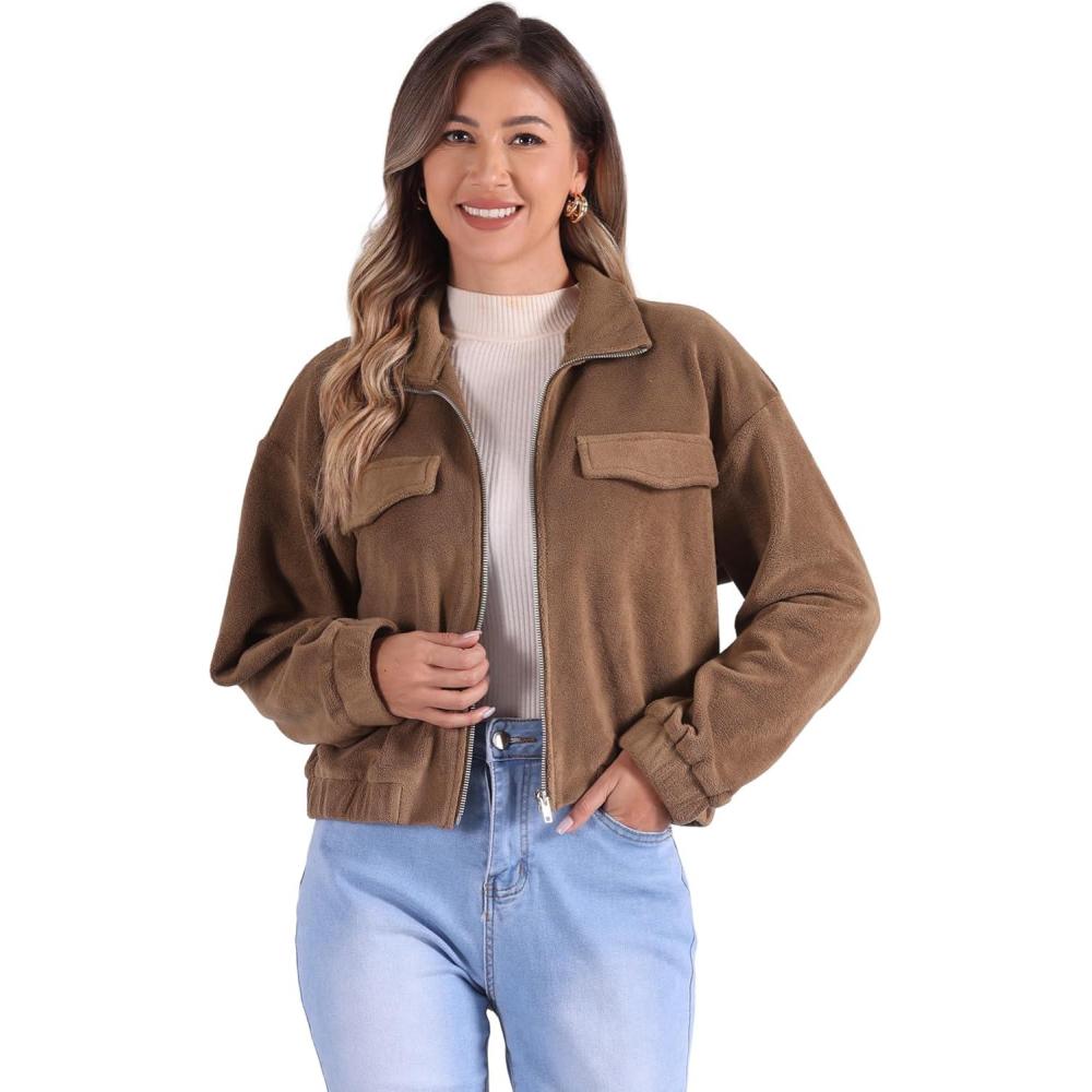 imageAllegra K Fuzzy Short Jacket for Womens Stand Collar Long Sleeve Casual Crop CoatBrown