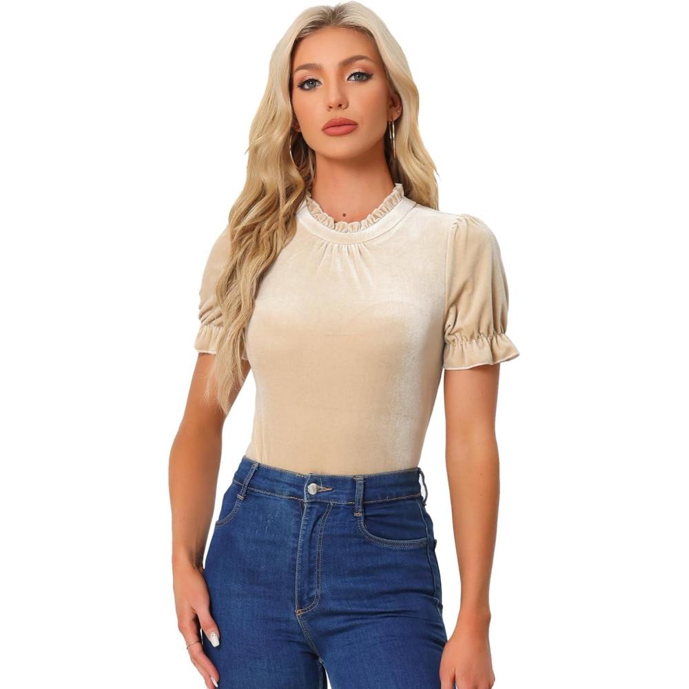 imageAllegra K Halloween Ruffle Collar Shirt for Womens Short Sleeve Casual Velvet Tops BlouseKhaki