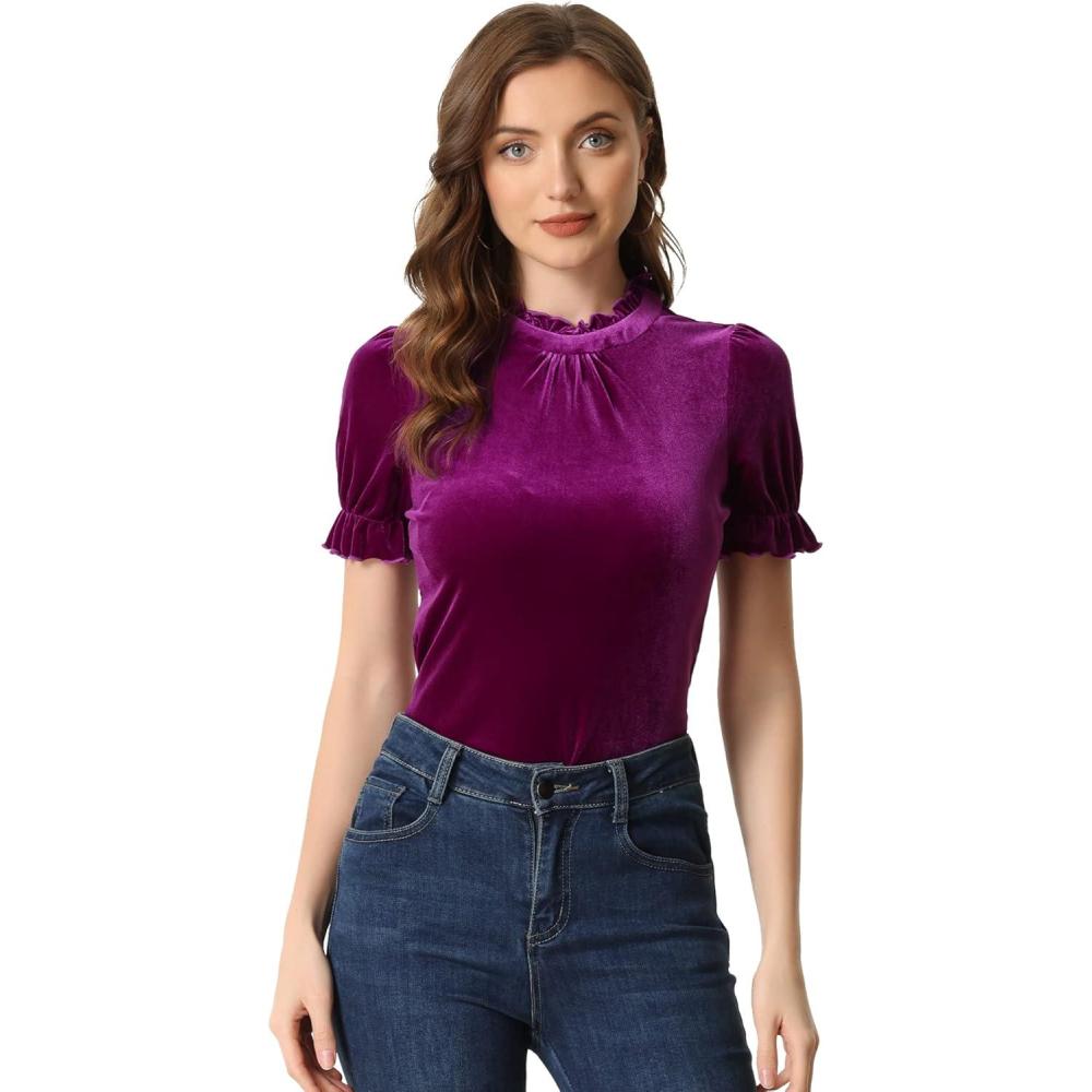imageAllegra K Halloween Ruffle Collar Shirt for Womens Short Sleeve Casual Velvet Tops BlousePurple