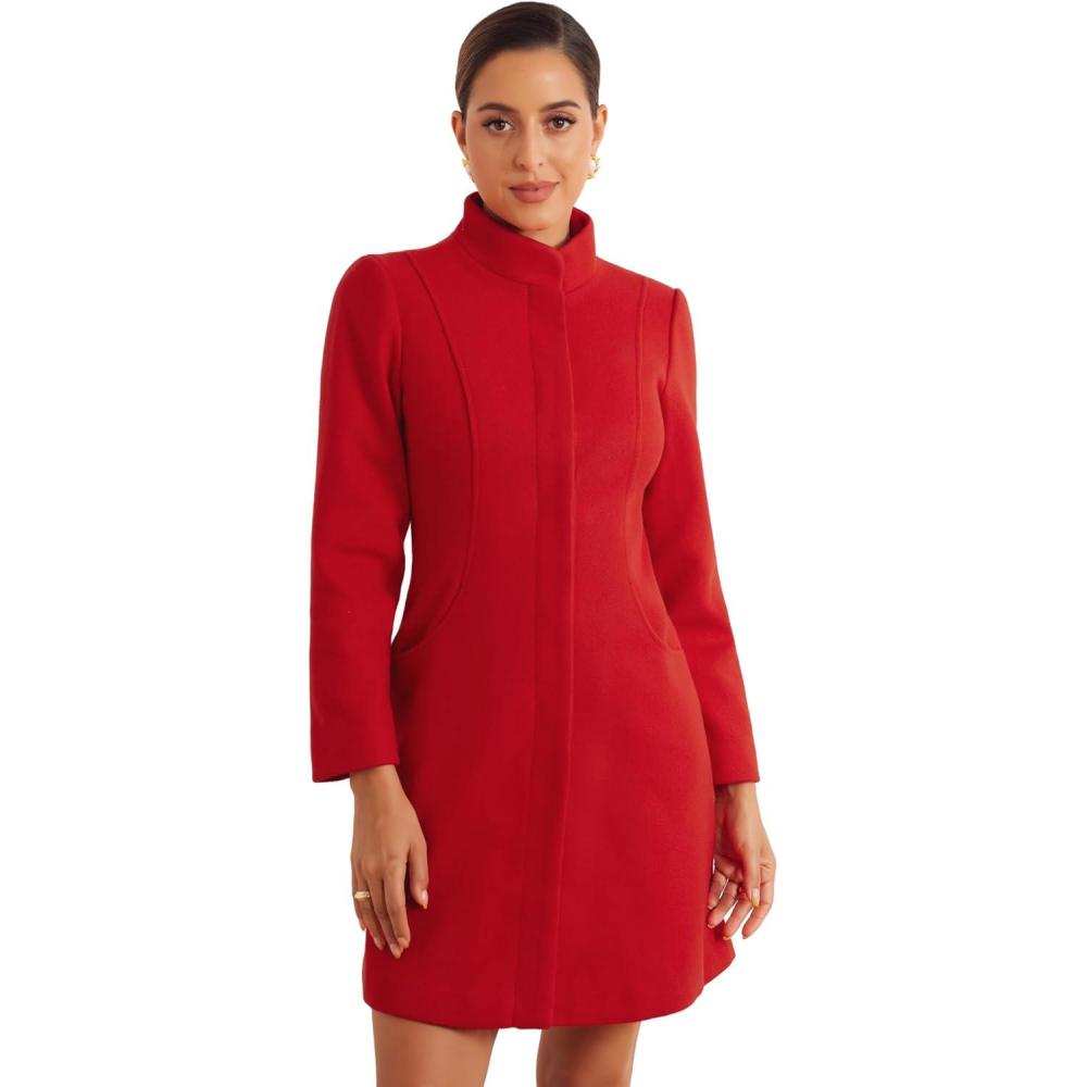 imageAllegra K Stand Collar Coats for Womens Elegant Slim Fit Hidden Placket Casual OvercoatRed