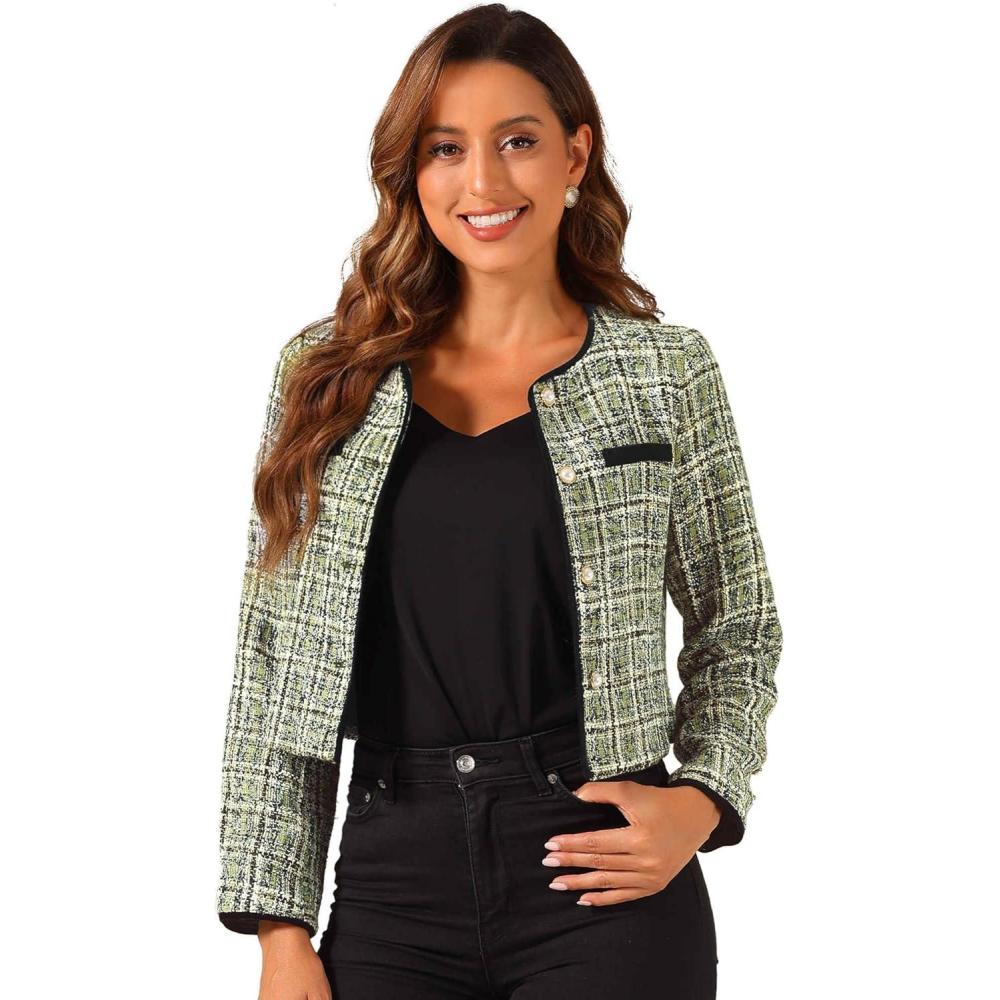 imageAllegra K Tweed Jacket for Womens Long Sleeve Casual Work Office Plaid Short OutwearGreen