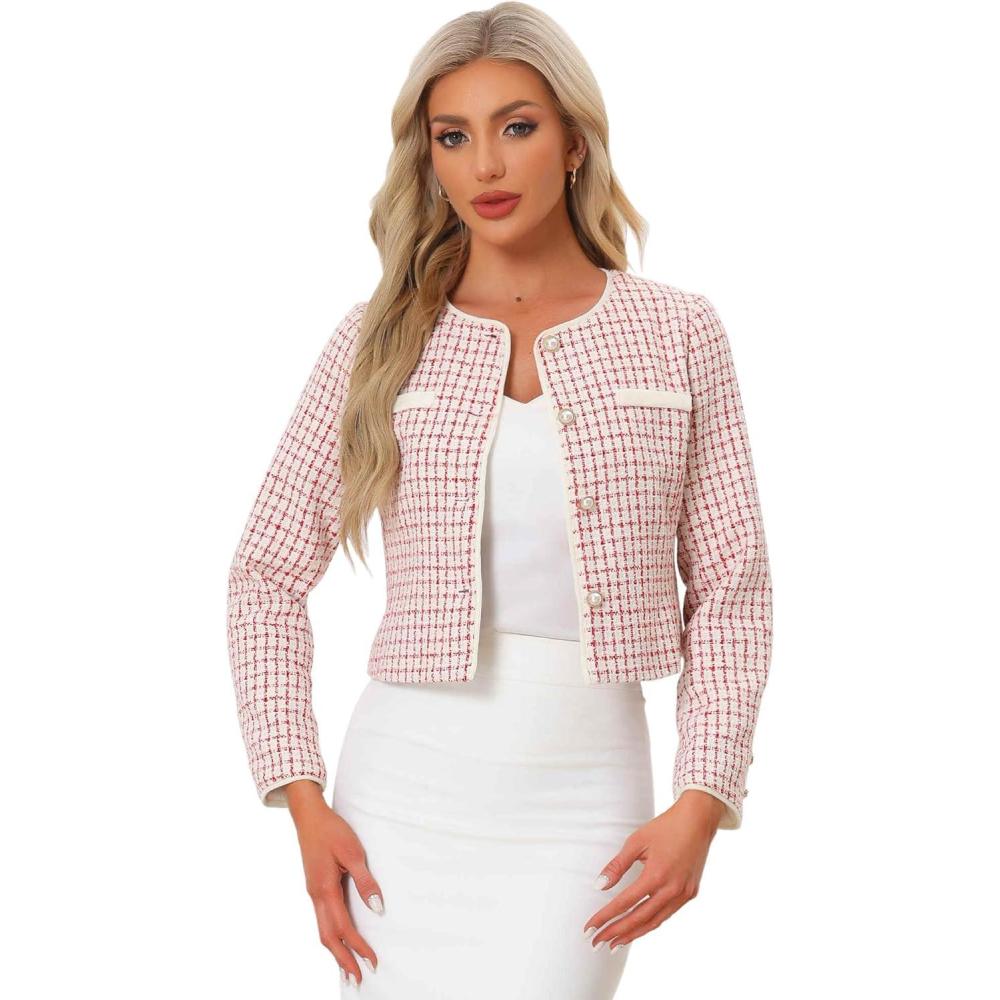 imageAllegra K Tweed Jacket for Womens Long Sleeve Casual Work Office Plaid Short OutwearRed White