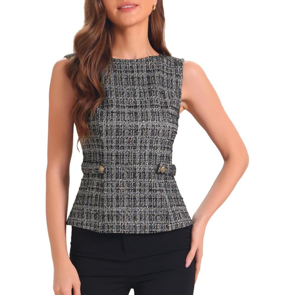 imageAllegra K Tweed Top for Womens Elegant Plaid Print Sleeveless Crew Neck Waist Buckle Back Zipper Blazer Vest TopsBlack