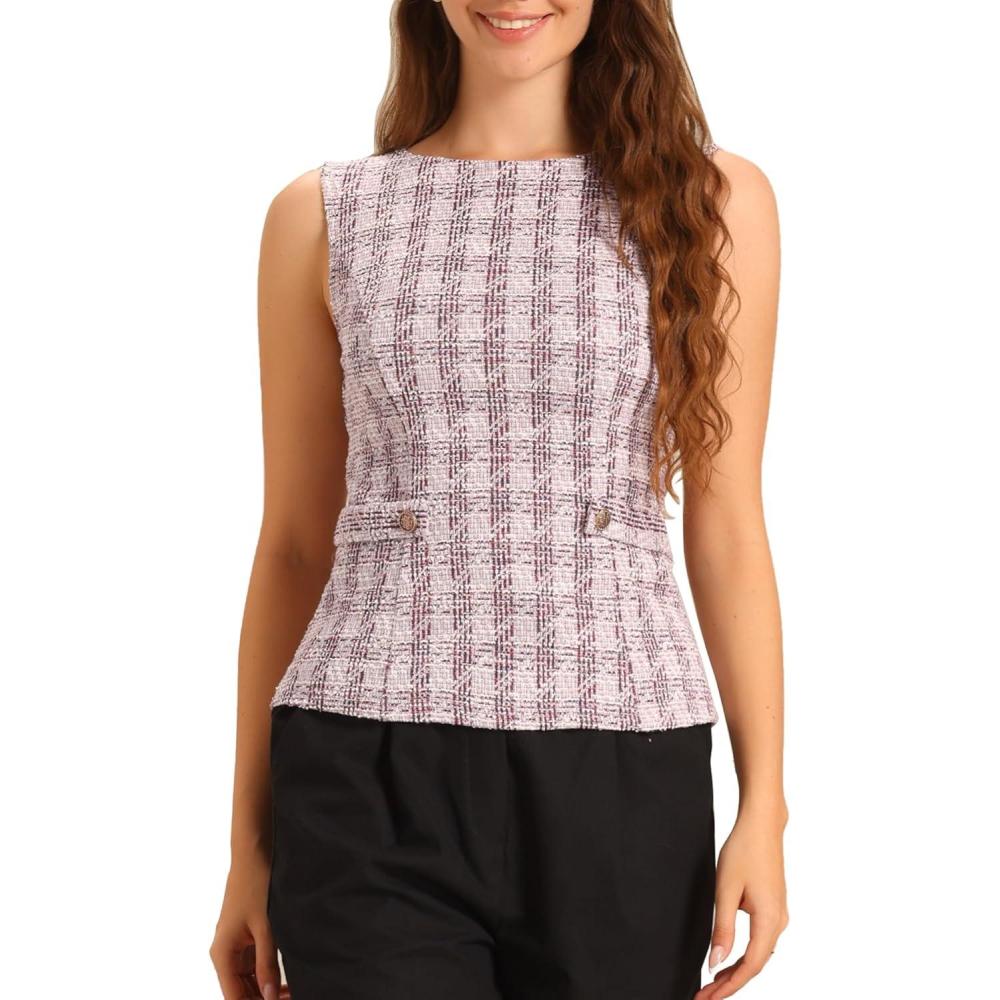 imageAllegra K Tweed Top for Womens Elegant Plaid Print Sleeveless Crew Neck Waist Buckle Back Zipper Blazer Vest TopsPink White