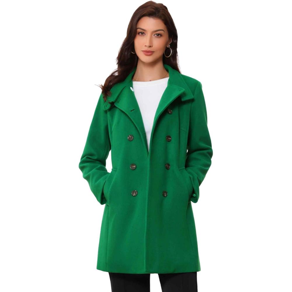 imageAllegra K Winter Trench Coats for Womens Casual Stand Collar Pea Double Breasted OvercoatDark Green