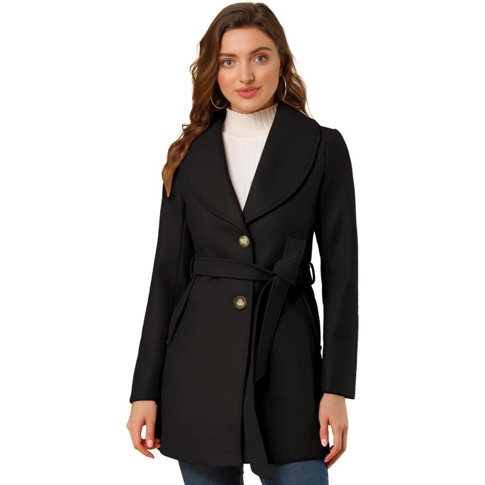 imageAllegra K Womens 2025 Winter Wrap Coat Shawl Collar Belted Single Breasted OvercoatsBlack