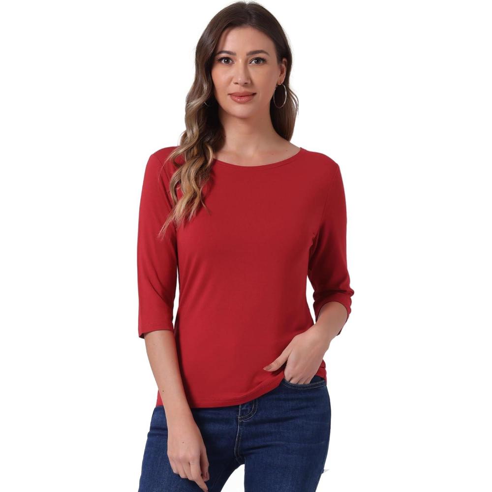 imageAllegra K Womens Casual Round Neck Elbow Sleeve t Shirts Slim Fit Blouses Tops FashionBright Red