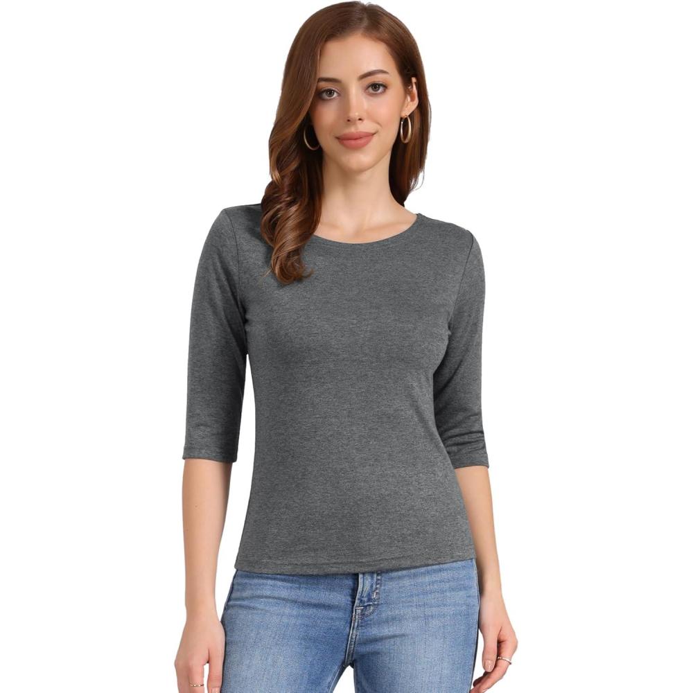 imageAllegra K Womens Casual Round Neck Elbow Sleeve t Shirts Slim Fit Blouses Tops FashionDark Gray2