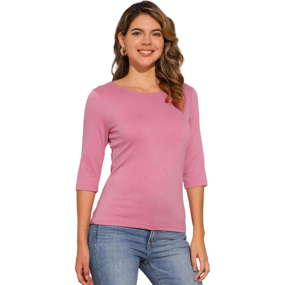imageAllegra K Womens Casual Round Neck Elbow Sleeve t Shirts Slim Fit Blouses Tops FashionDark Pink