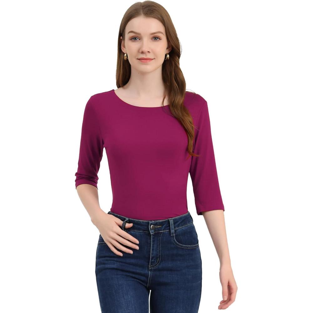 imageAllegra K Womens Casual Round Neck Elbow Sleeve t Shirts Slim Fit Blouses Tops FashionFuchsia