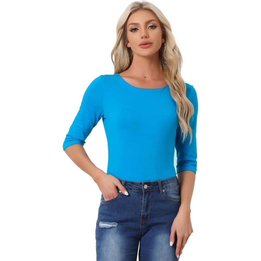 imageAllegra K Womens Casual Round Neck Elbow Sleeve t Shirts Slim Fit Blouses Tops FashionLake Blue
