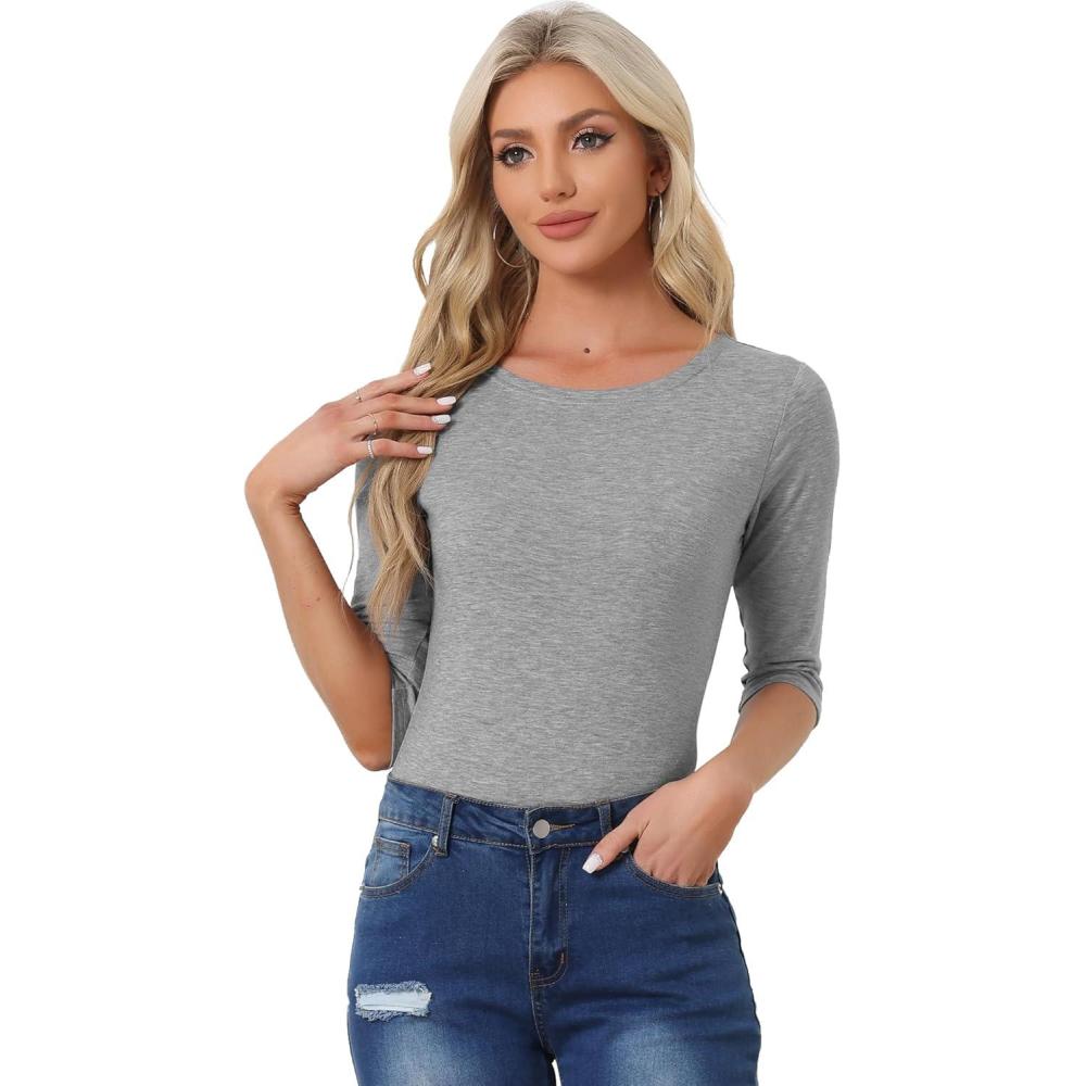 imageAllegra K Womens Casual Round Neck Elbow Sleeve t Shirts Slim Fit Blouses Tops FashionLight Gray