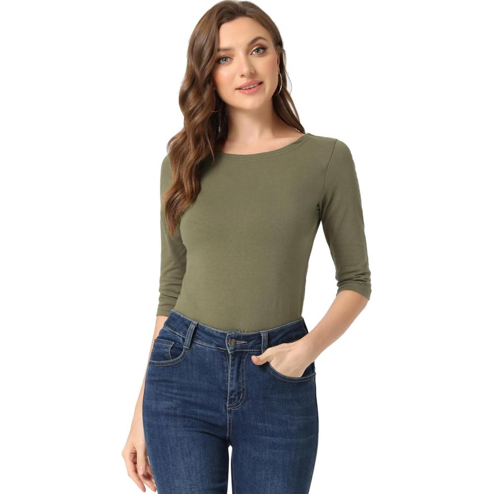 imageAllegra K Womens Casual Round Neck Elbow Sleeve t Shirts Slim Fit Blouses Tops FashionOlive Green