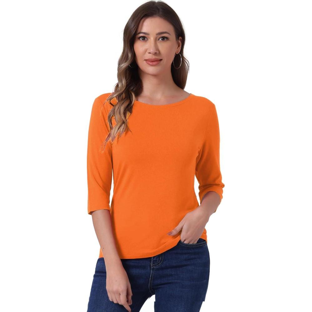 imageAllegra K Womens Casual Round Neck Elbow Sleeve t Shirts Slim Fit Blouses Tops FashionOrange