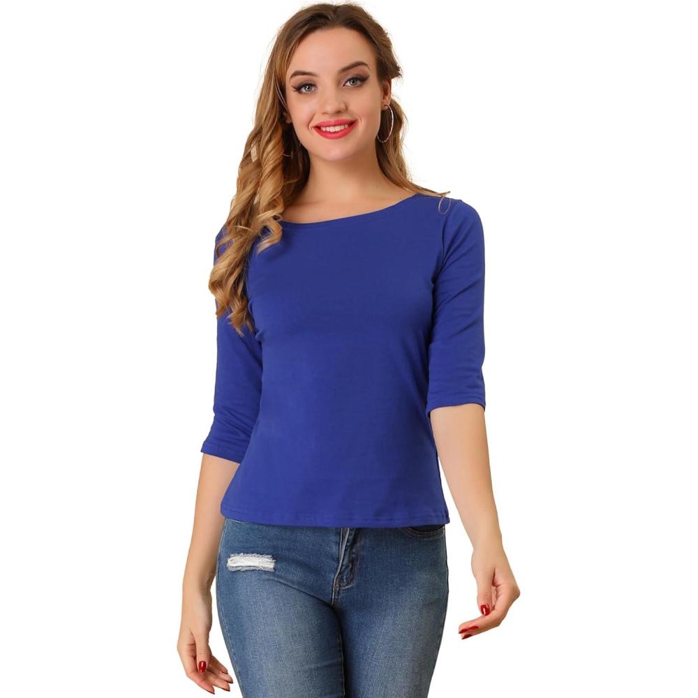imageAllegra K Womens Casual Round Neck Elbow Sleeve t Shirts Slim Fit Blouses Tops FashionRoyal Blue