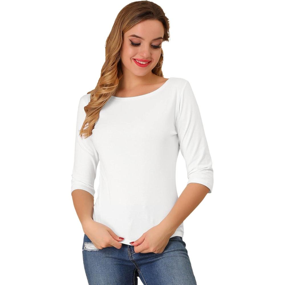 imageAllegra K Womens Casual Round Neck Elbow Sleeve t Shirts Slim Fit Blouses Tops FashionWhite