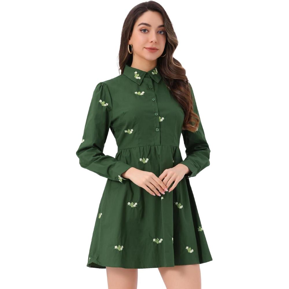 imageAllegra K Womens Casual Shirt Dress Long Sleeve Half Placket Embroidered Floral Mini DressesGreen