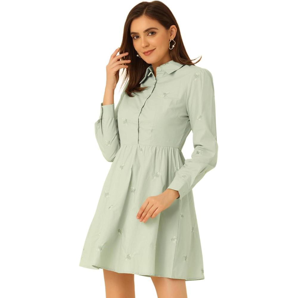 imageAllegra K Womens Casual Shirt Dress Long Sleeve Half Placket Embroidered Floral Mini DressesLight Green