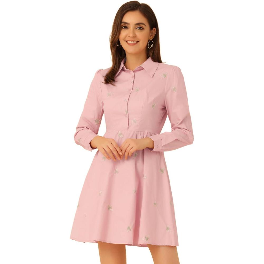imageAllegra K Womens Casual Shirt Dress Long Sleeve Half Placket Embroidered Floral Mini DressesPink
