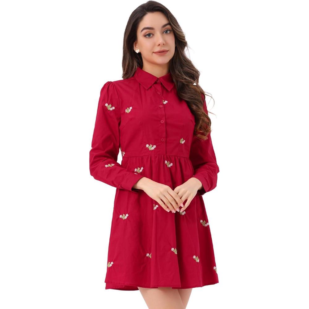 imageAllegra K Womens Casual Shirt Dress Long Sleeve Half Placket Embroidered Floral Mini DressesRed