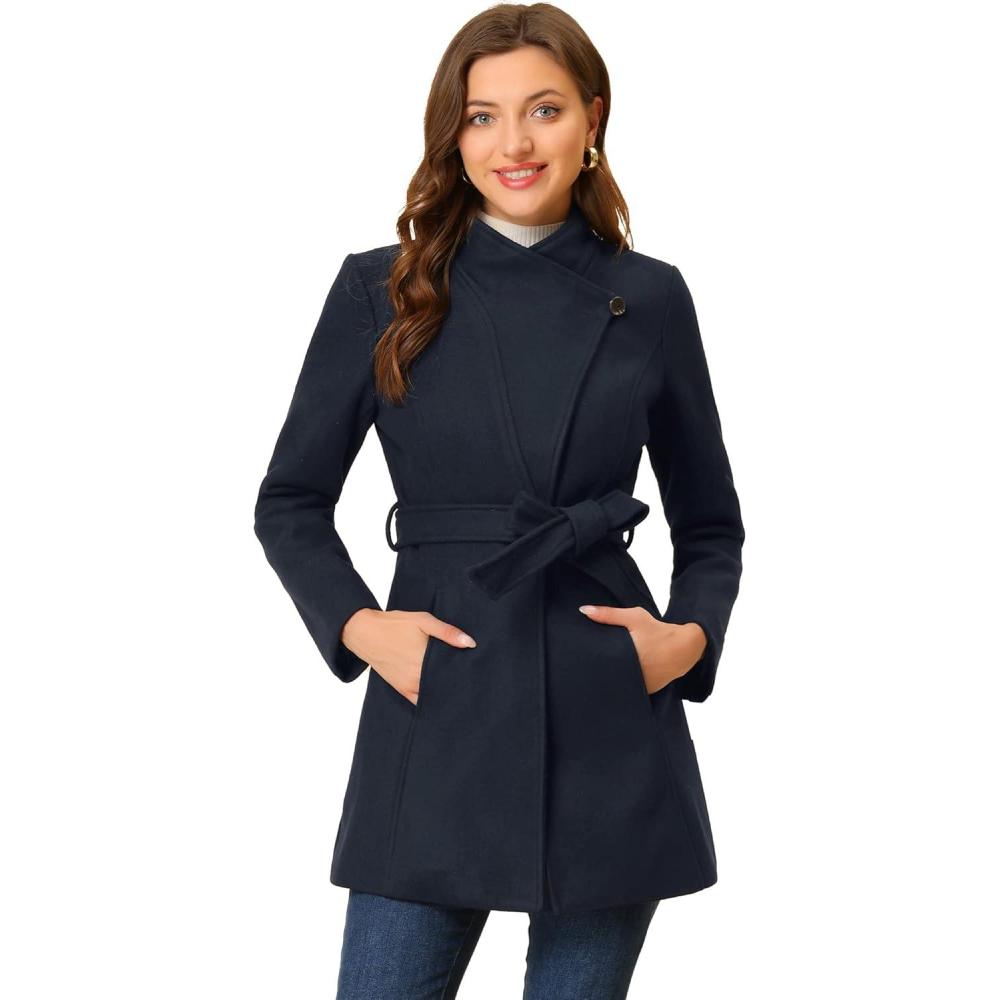 imageAllegra K Womens Classic Stand Collar Outwear Overcoat Long Sleeve Winter Belted Pea CoatDark Blue