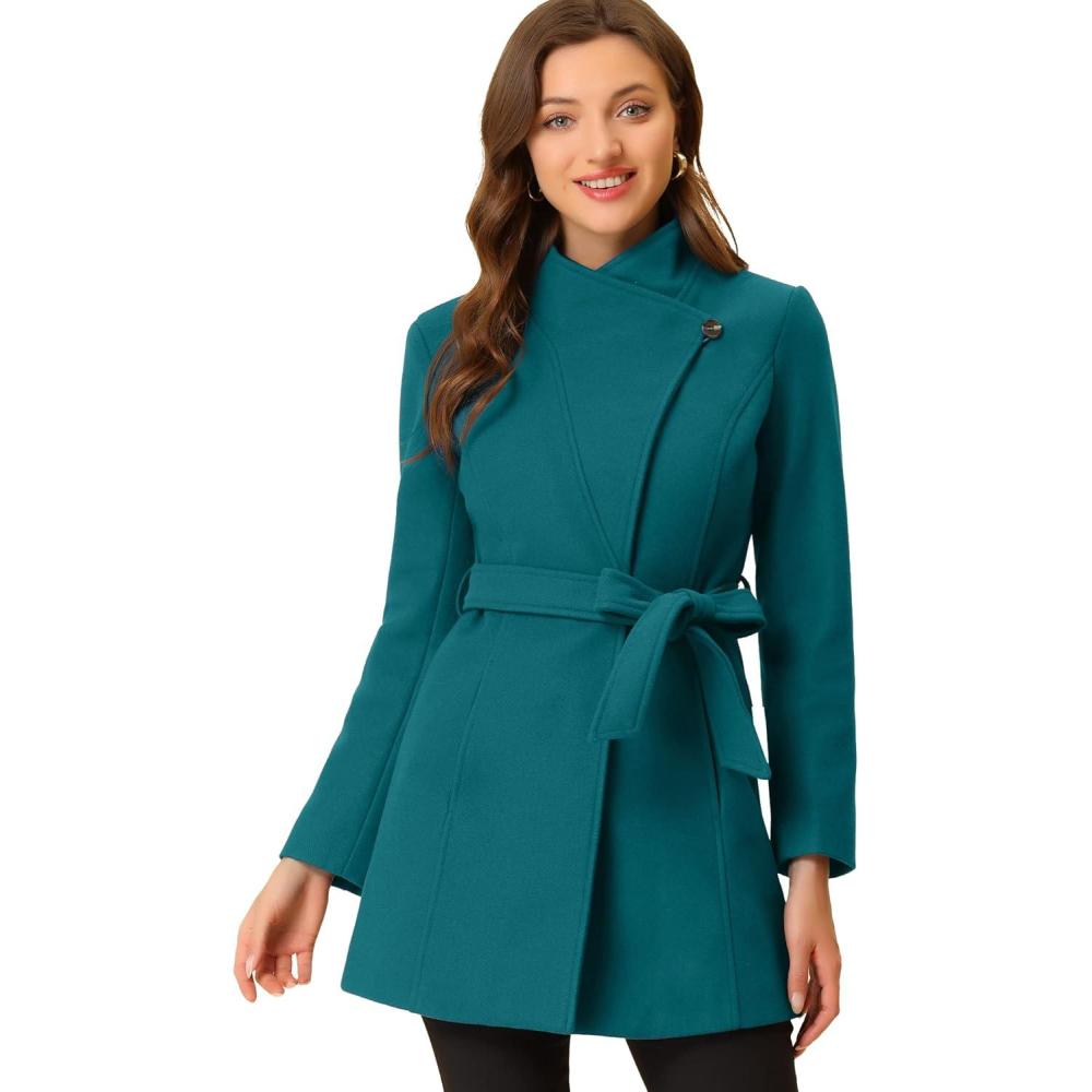 imageAllegra K Womens Classic Stand Collar Outwear Overcoat Long Sleeve Winter Belted Pea CoatDark Lake Blue