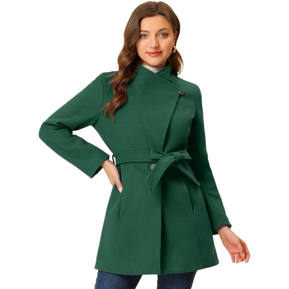 imageAllegra K Womens Classic Stand Collar Outwear Overcoat Long Sleeve Winter Belted Pea CoatGreen