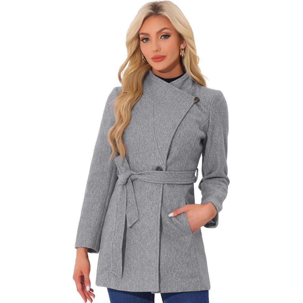 imageAllegra K Womens Classic Stand Collar Outwear Overcoat Long Sleeve Winter Belted Pea CoatGrey