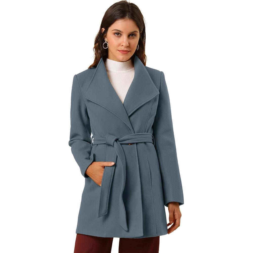 imageAllegra K Womens Classic Stand Collar Outwear Overcoat Long Sleeve Winter Belted Pea CoatGrey Blue