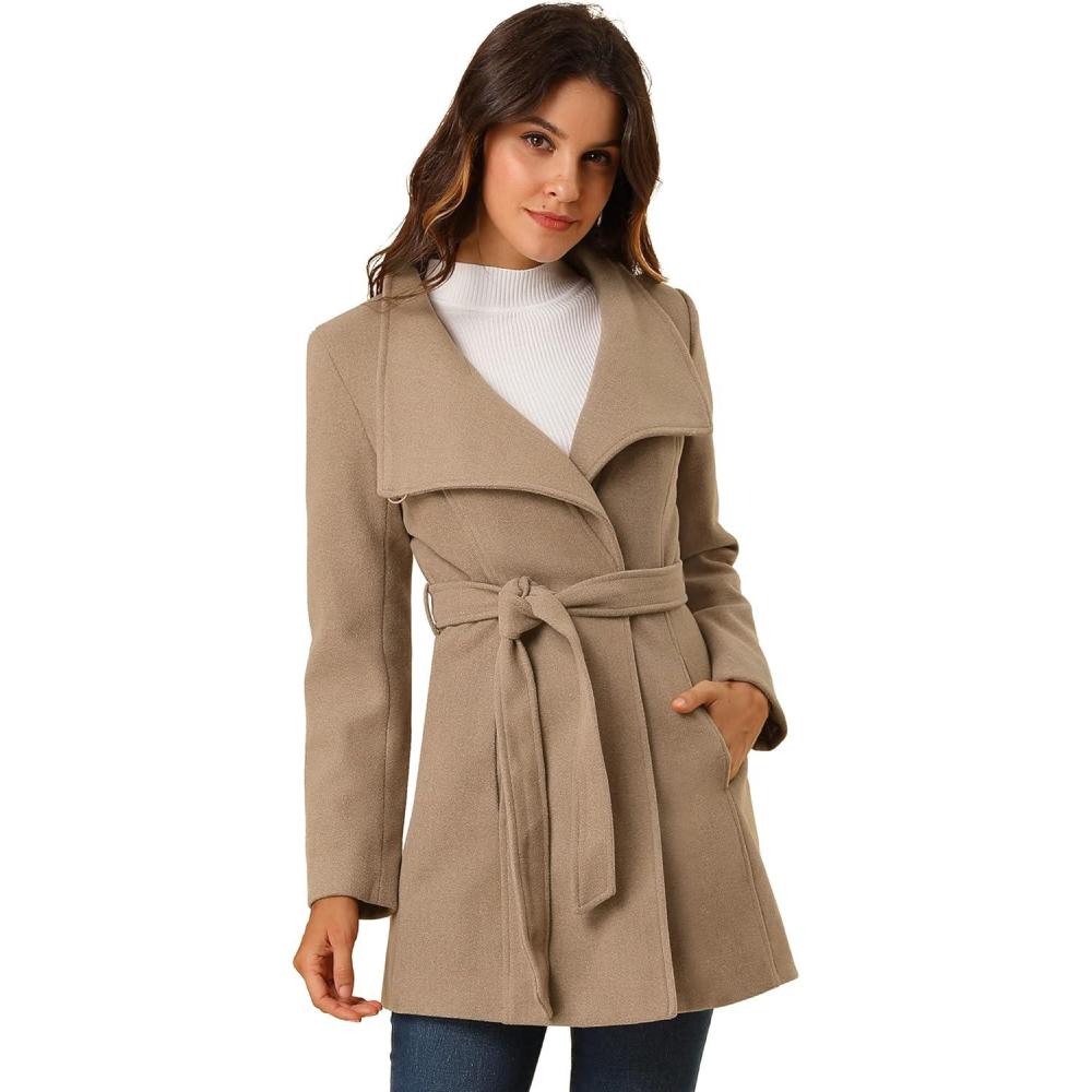 imageAllegra K Womens Classic Stand Collar Outwear Overcoat Long Sleeve Winter Belted Pea CoatLight Brown