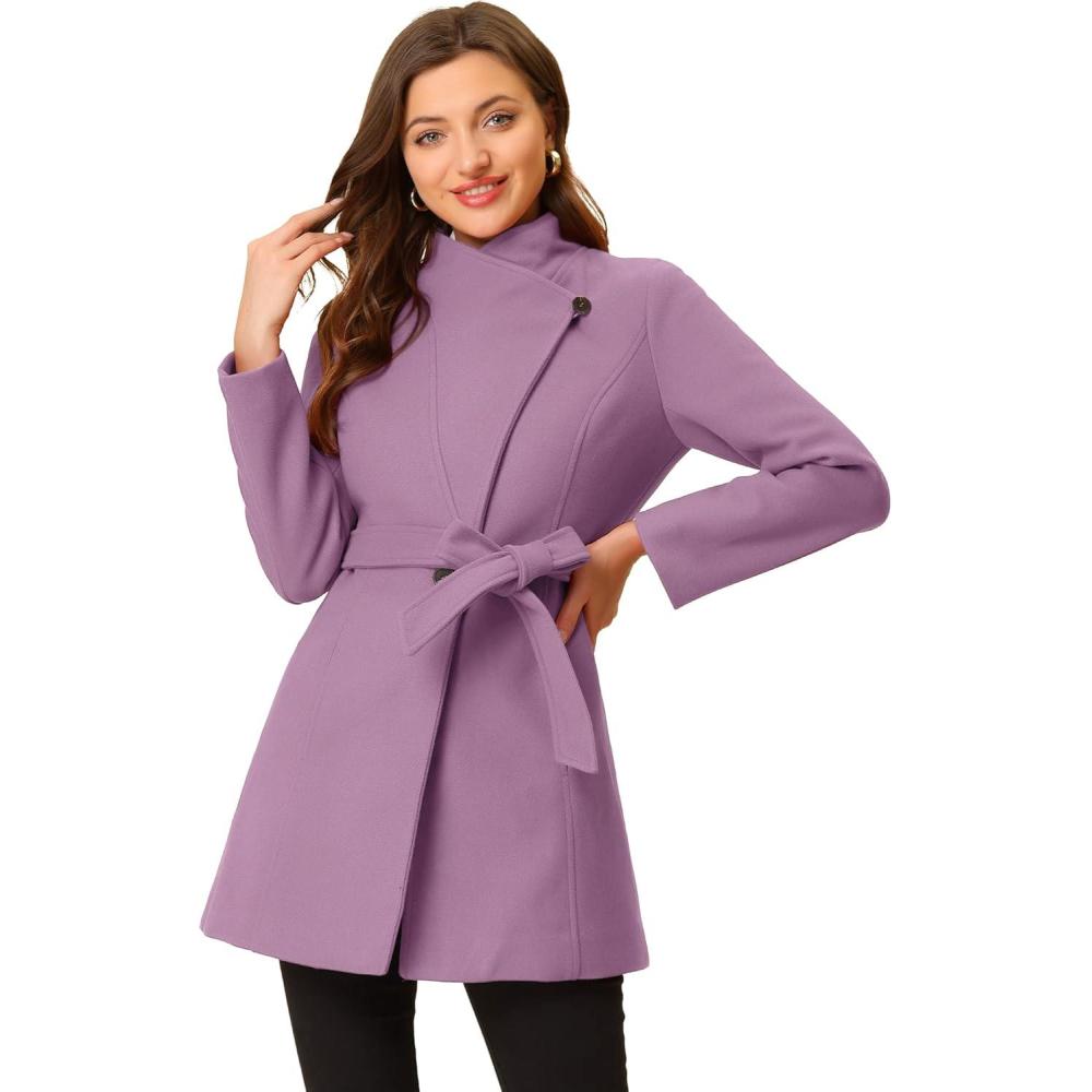 imageAllegra K Womens Classic Stand Collar Outwear Overcoat Long Sleeve Winter Belted Pea CoatLight Purple